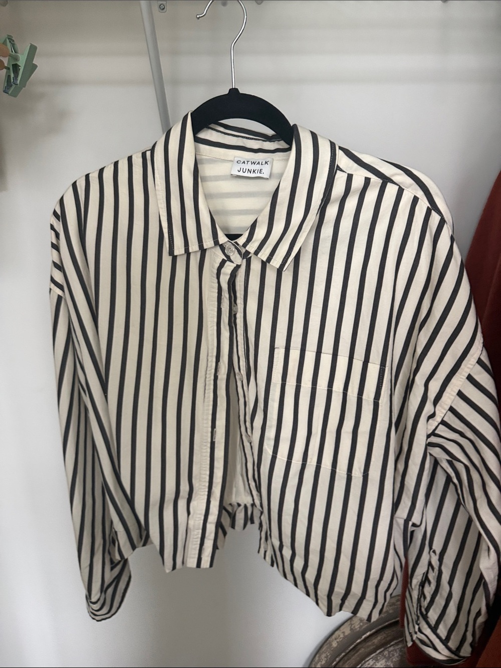 Black & Cream Striped Button-Up Shirt w/ gathered waist